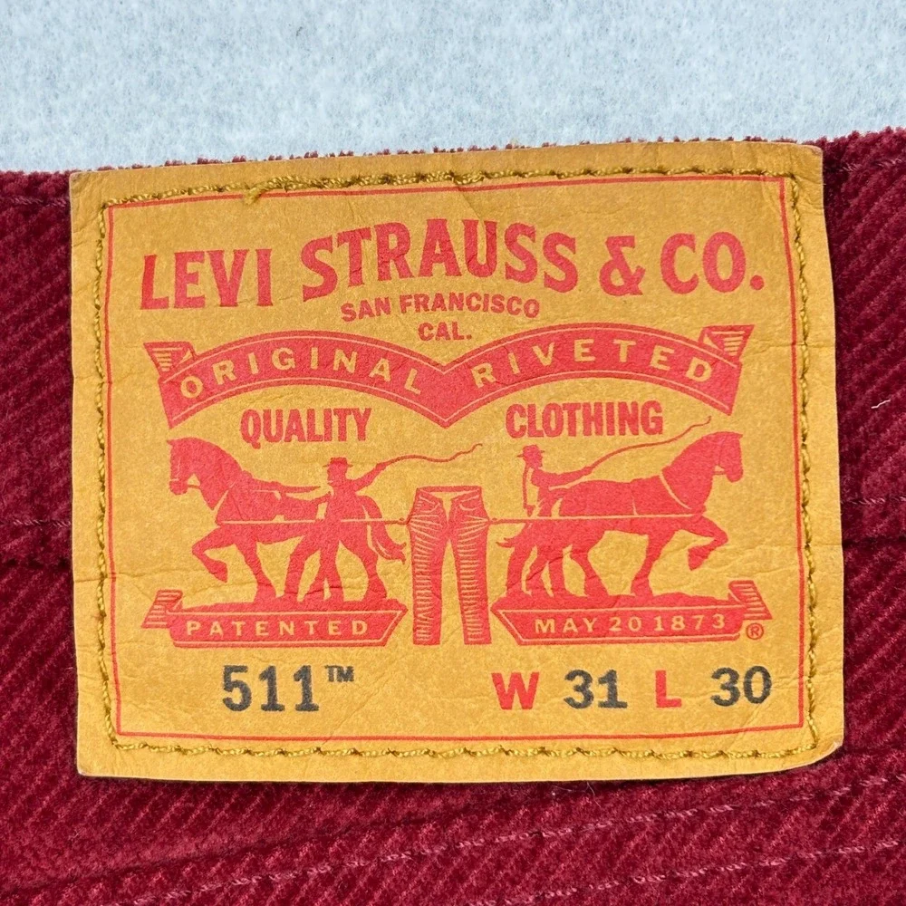 Levis Mens 31x30 511 Slim Fit Maroon Burgundy Red Fine Wale Corduroy Pants 31 30